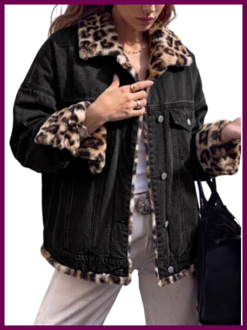 Dokotoo Leopard Sherpa Fleece Lined Denim Jacket Oversized Warm Jean Coat